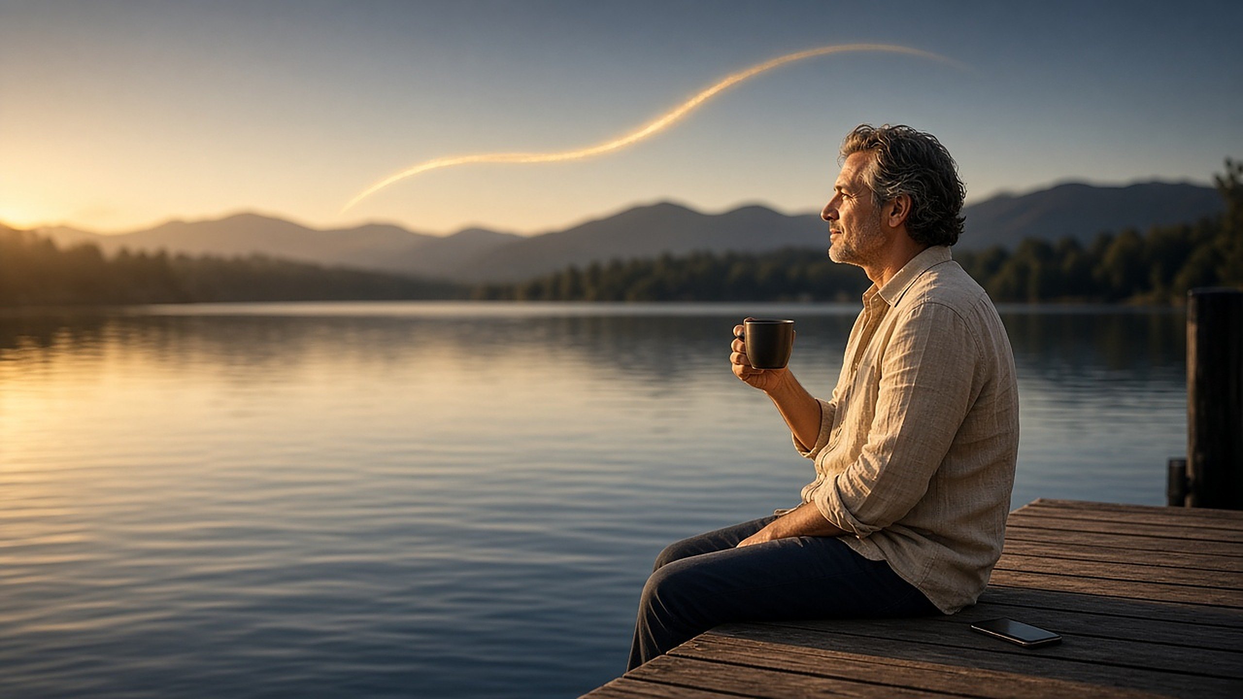 Business owner relaxing on a lake pier while his company runs without him