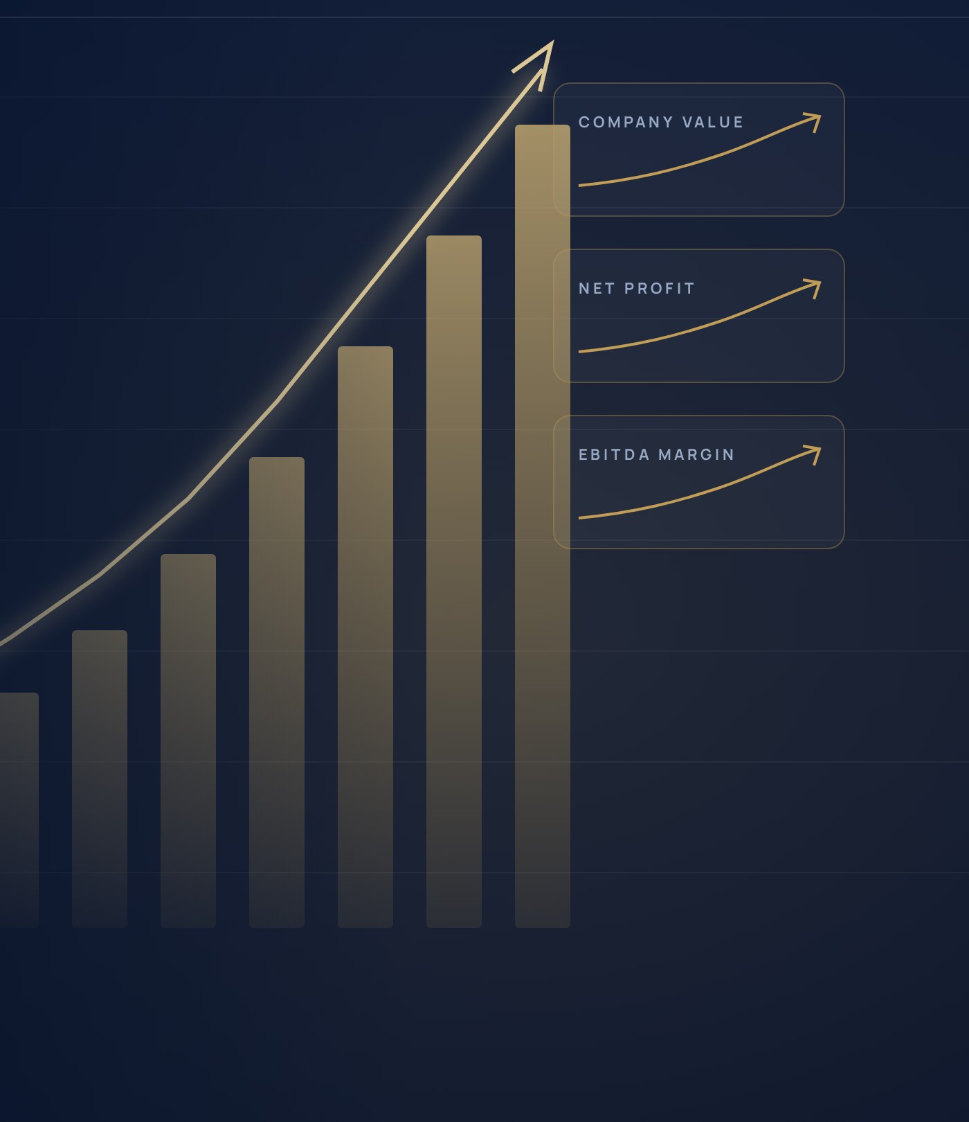 Rising gold bar chart with company value, net profit and margin all trending up